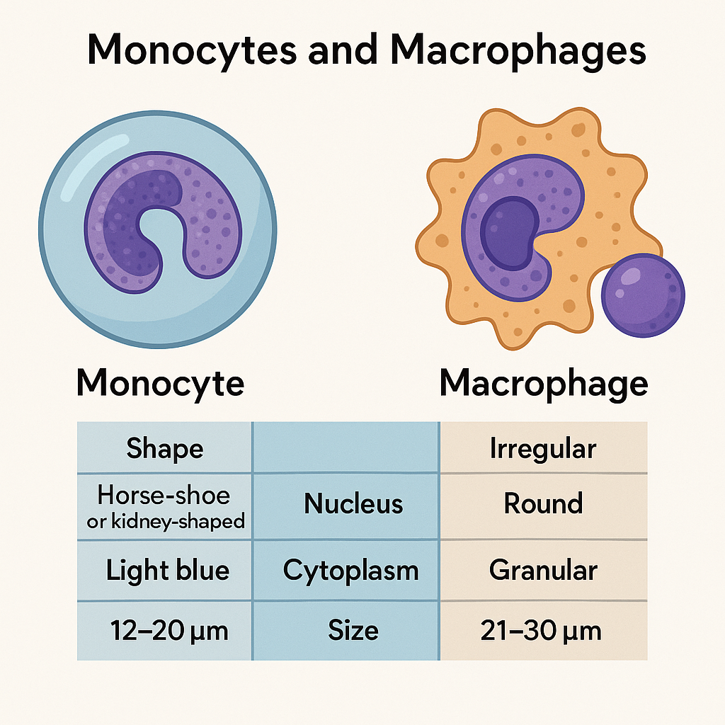 Comparação morfológica entre monócito circulante e macrófago tecidual, destacando tamanho, formato e citoplasma.