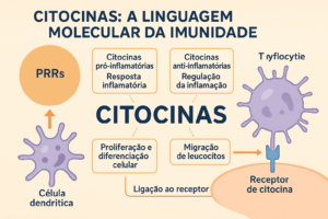Esquema mostrando como citocinas regulam inflamação, migração celular e comunicação entre células imunes.