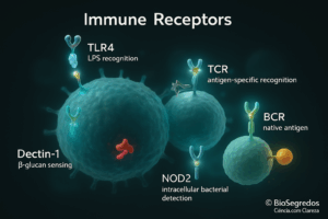 Receptores imunológicos TLR4, Dectin-1, NOD2, TCR e BCR reconhecendo antígenos em ilustração biomédica 3D.